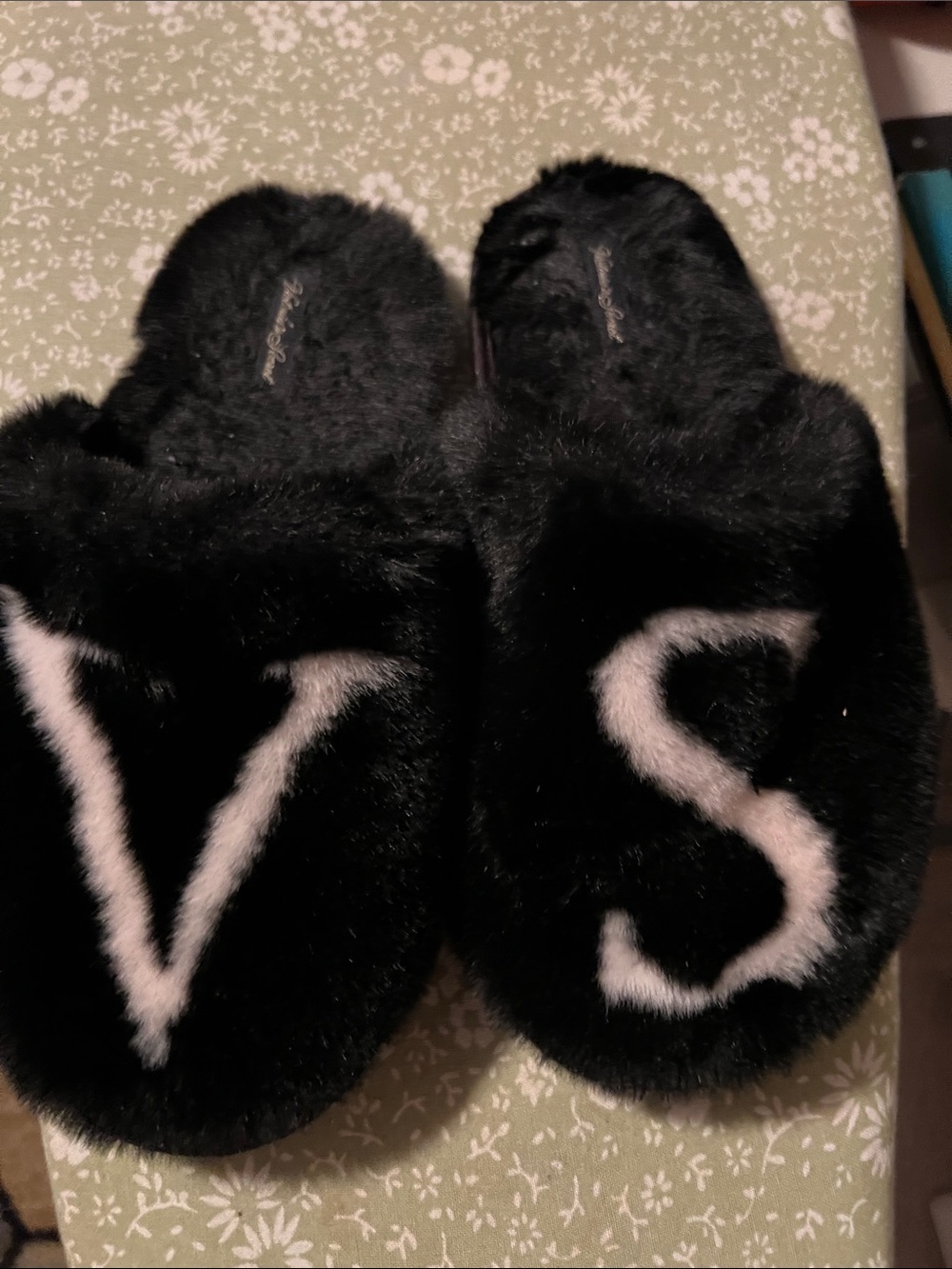 Victoria's Secret Black Faux Fur Slide Slippers with White Lettering